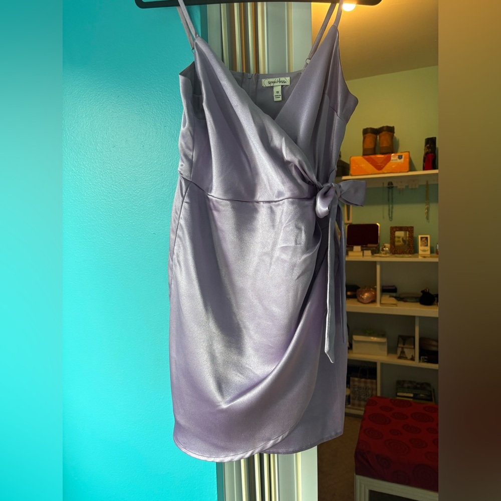 Lilac Satin Wrap Sheath Dress